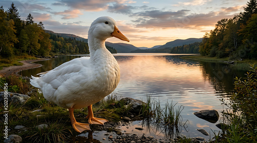 A white duck standing by a serene lake at sunset