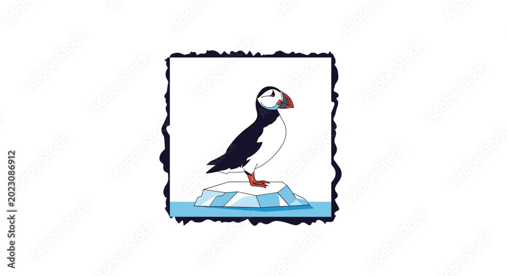 Fototapeta premium Puffin bird with its distinctive colorful beak standing on a small piece of floating ice in the middle of a dark blue rectangular frame.