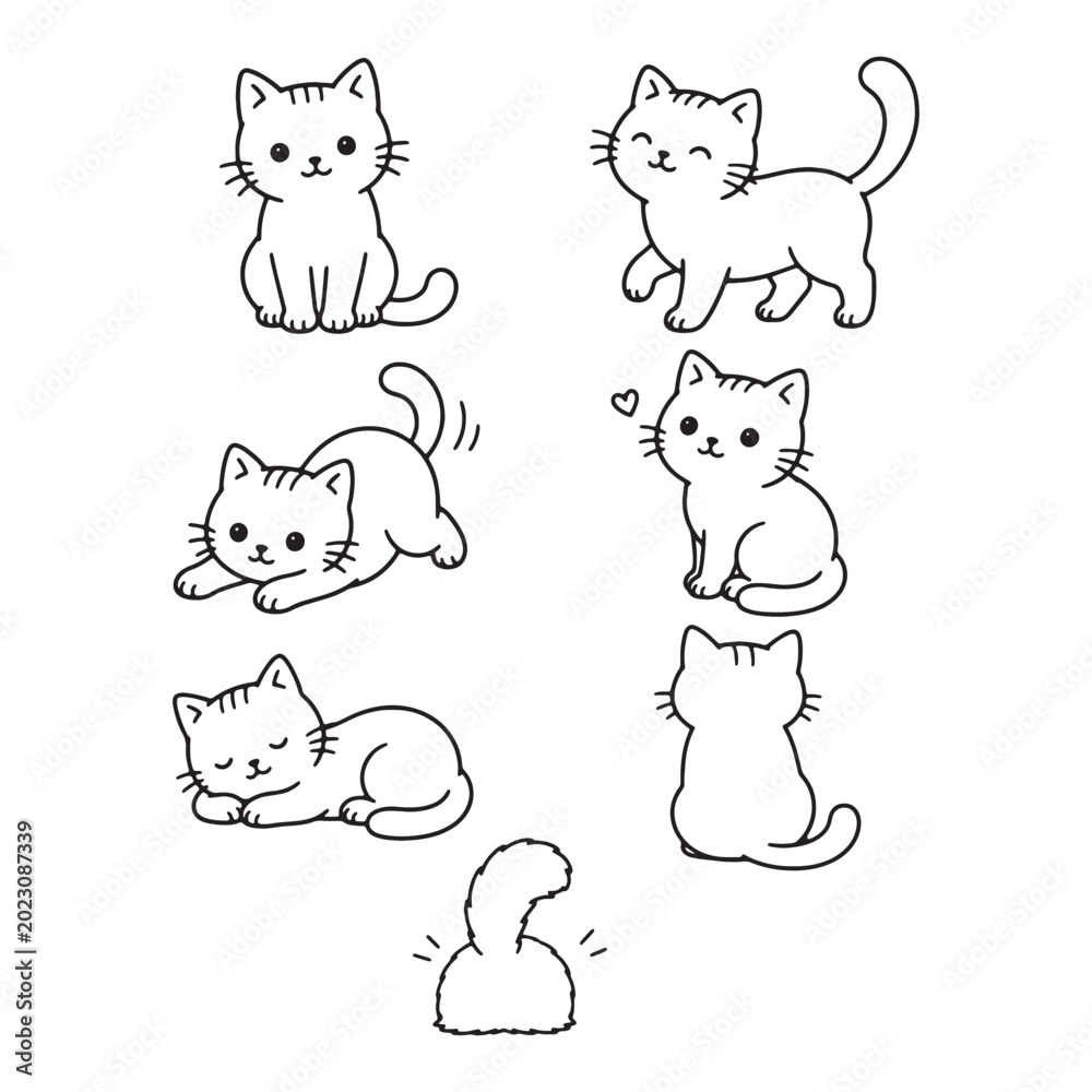 Fototapeta premium Cute kawaii kitten collection with playful poses and simple line art style for design