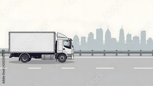 Foto white delivery truck driving on city highway with urban skyline background