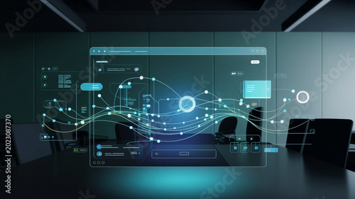 Holographic display of data flow and network connections in a conference room setting, innovation.