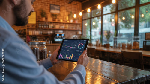 Restaurant manager utilizing advanced software to monitor real time sales data on portable pad.