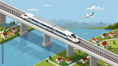 modern white high speed train crossing blue river bridge over countryside with small houses