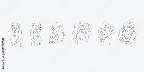 Motherhood stages line art embracing baby from pregnancy to toddlerhood in minimalist style