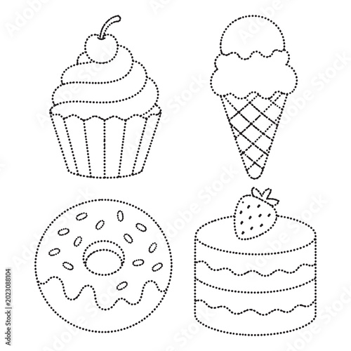 Sweet treats connect the dots activity for kids with cupcake ice cream donut and cake