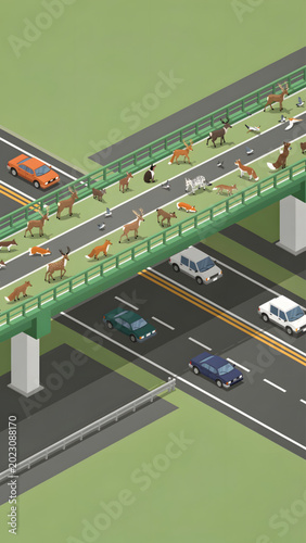 Bild auf Leinwand isometric busy highway with cars and deer crossing green overpass wildlife traff