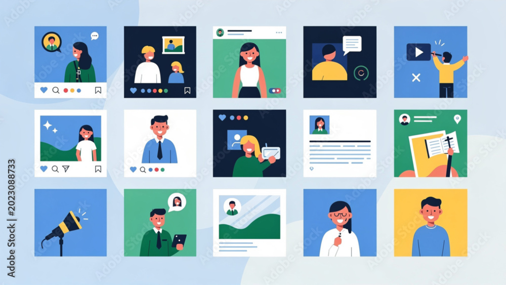 Fototapeta premium diverse people social media profiles blue green yellow backgrounds communication icons