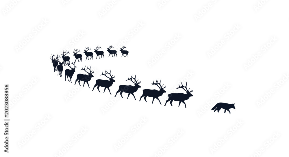 Fototapeta premium Wolf Herding Deer Herd Silhouette on White Background