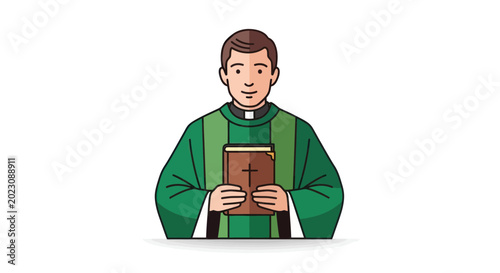 Obraz na plátně Priest Holding Bible, Wearing Cassock and Clerical Collar, Religious Man Illustr