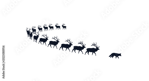 Foto Wolf Herding Deer Herd Silhouette on White Background