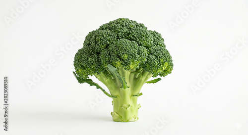 Fresh whole green broccoli head lying isolated on a clean white background, studio shot concept for healthy food and raw vegetables.