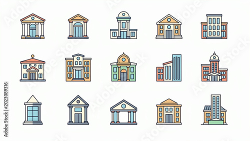 Photos colorful line art of various classical and modern government buildings and offic