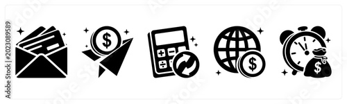 A set of 5 mix icons as paycheck, send funds, recalculate