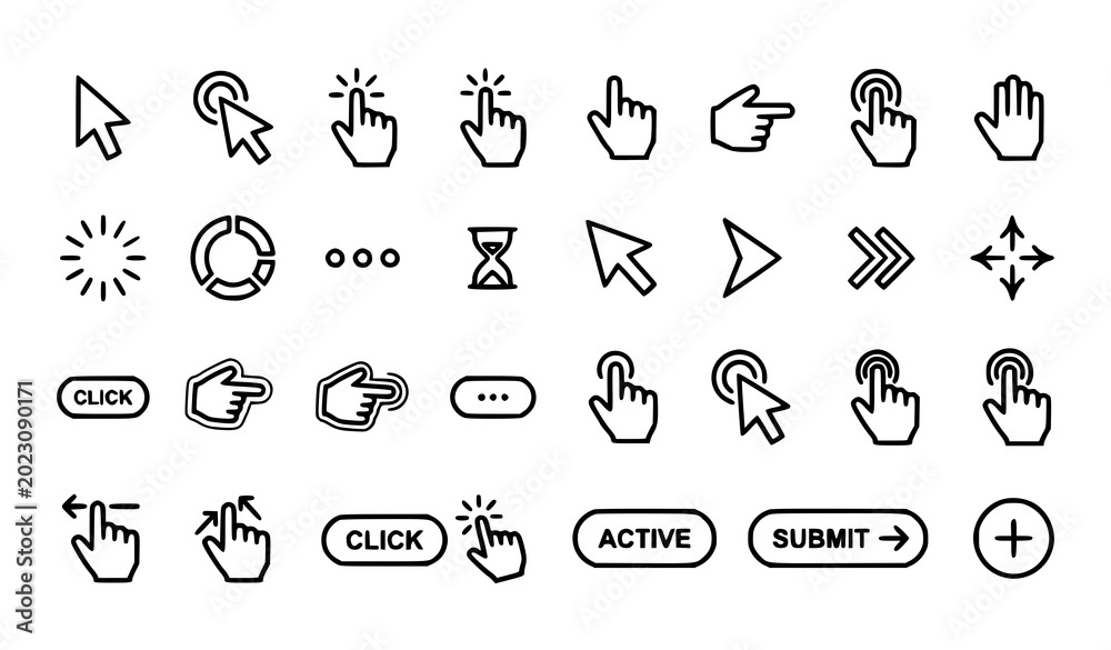 Fototapeta premium Mouse Cursor Hand Click Pointer and User Interface Black Outline Vector Icon Set
