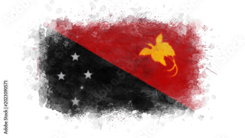 Konstfotografi This artistic watercolor image displays the flag of Papua New Guinea, divided diagonally with black, red, and yellow colors and featuring a bird of paradise