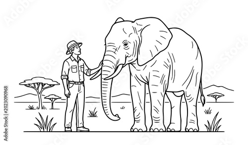 Canvastavla Safari park ranger standing with an African elephant line art illustration