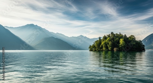 Serene lake scene with island and mountain range