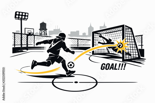 Soccer player kicking ball towards goal vector illustration on white background