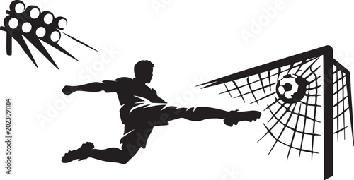 Football player silhouette scoring a goal on white background