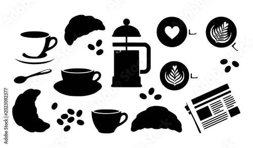 Tablou pe pânză Coffee shop, breakfast bakery, and cafe elements black solid icons set