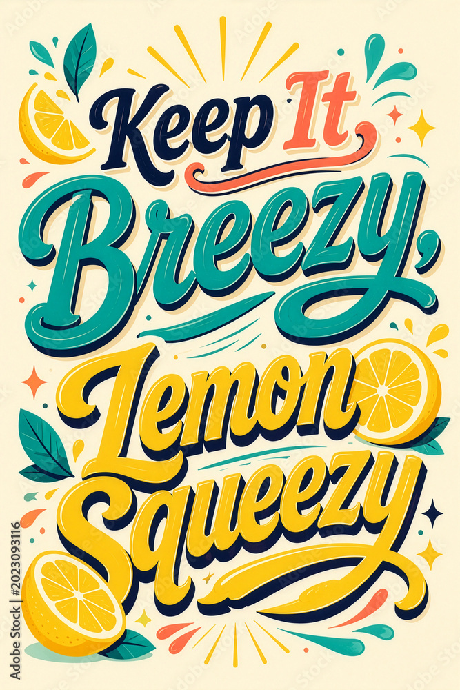 Obraz premium Retro Keep It Breezy Lemon Squeezy Typography Illustration With Citrus