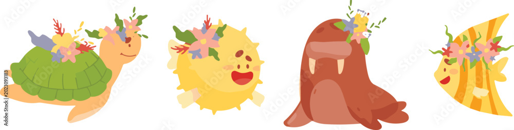 Obraz premium Cute Sea Animal Cartoon Vector Illustration Set with Funny Turtle, Puffer Fish, Walrus and Shell Characters for Kids Nursery Design Projects
