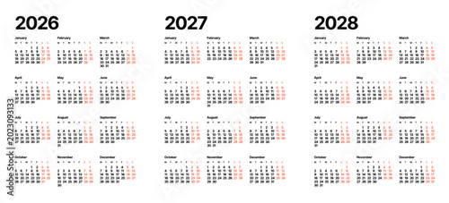 Bild auf Leinwand One page calendar template for 2026, 2027, 2028 year, week starts on Monday