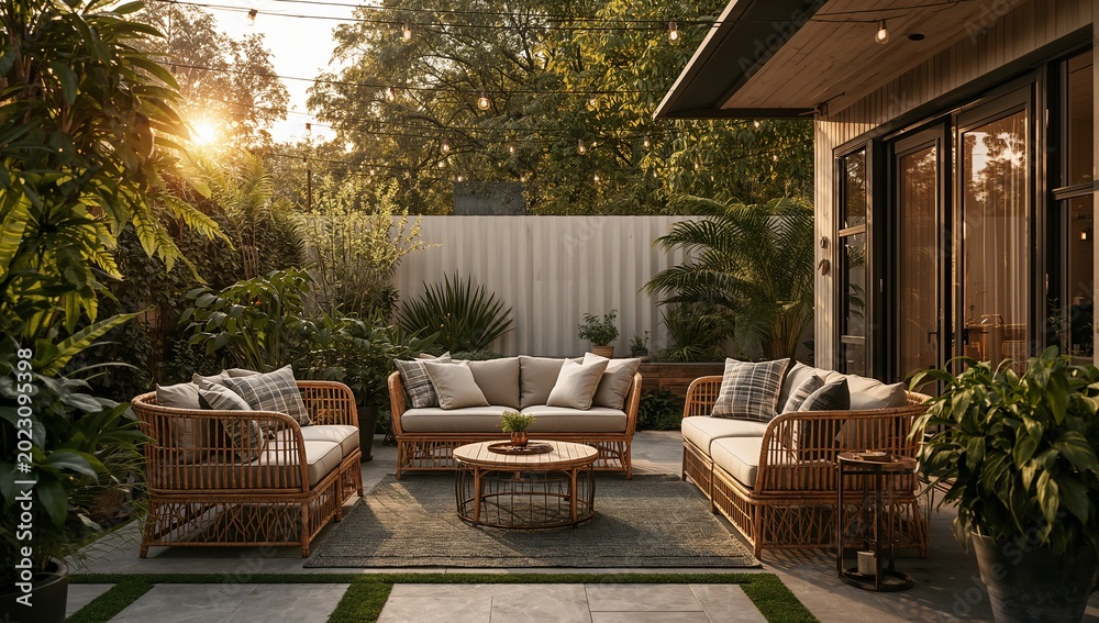 Fototapeta premium Cozy Outdoor Patio Living Space with Comfortable Chairs and Natural Garden Surroundings