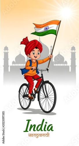 Celebrating freedom a joyful indian child riding a bicycle with the national flag on independence day in india