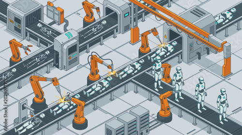Photos Automated Factory Assembly Line with Robotic Arms and Droids.