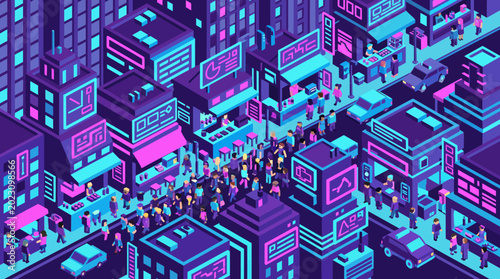 Canvas Print Isometric neon city street with crowds and cars.