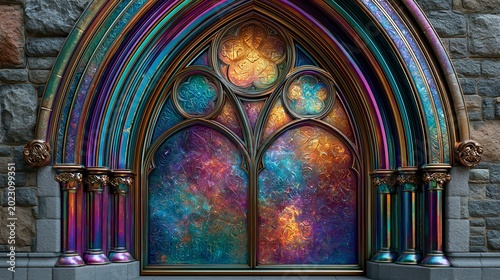 Gothic window revealing vibrant cosmic nebula galaxy view on ancient stone wall