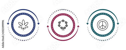 Photos outline world peace icons set - cannabis, crown of flowers, pacifism