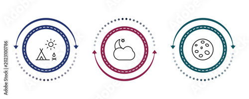 Foto outline weather icons set - indian summer, cloudy night, waxing moon