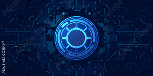 Bild auf Leinwand glowing blue circular neon ring with circuit board background futuristic technol