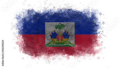 Foto The flag of Haiti is depicted with a watercolor splash effect on a white background, symbolizing the Caribbean nation's independence