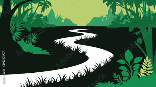 A beautiful tropical island beach landscape with palm tree silhouettes against a sunset ocean sky vector illustration for your summer vacation paradise design