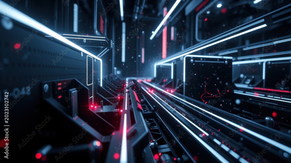 Fototapeta premium Futuristic corridor. Bright neon lights illuminate dark metallic surfaces. Complex circuitry creates intense visual depth.