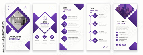 Quadro su tela Corporate business overview presentation layout template set with purple geometric diamond shapes, vertical infographics process steps, and city skyline