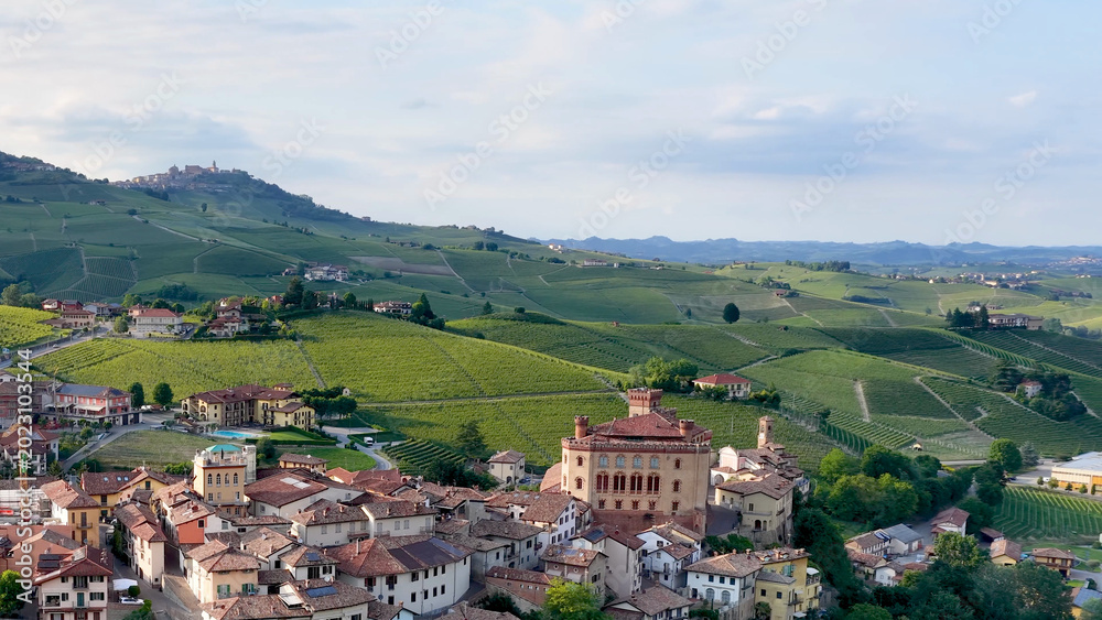 Fototapeta premium Aerial View of Barolo Village and Vineyards in Piedmont Italy