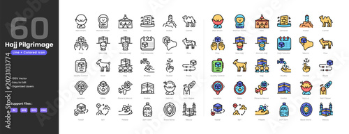 Foto Hajj pilgrimage icon set collection - colored outline line art style