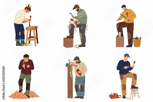 Fotografie Collection of male artisans woodworking and woodcarving handmade wooden spoons using traditional hand tools, flat vector illustration set isolated on white background