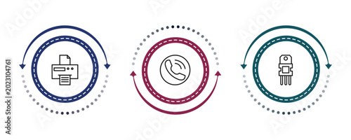 Photos outline technology icons set - paper printer, reciever, resistor