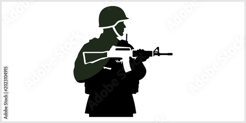 Tableau sur toile Silhouette of Soldier Holding Rifle Ready for Action