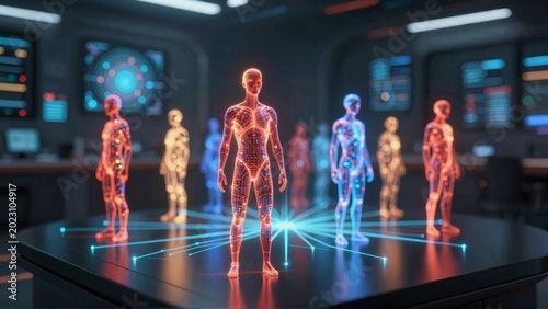 Futuristic Holographic Human Models in SciFi Laboratory