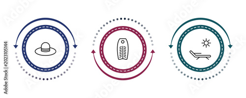 Foto outline summer icons set - pamela, bodyboard, deck chairs and sun