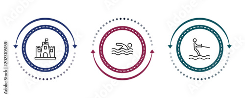 Bild auf Leinwand outline summer icons set - sand castle, swimming person, waterski