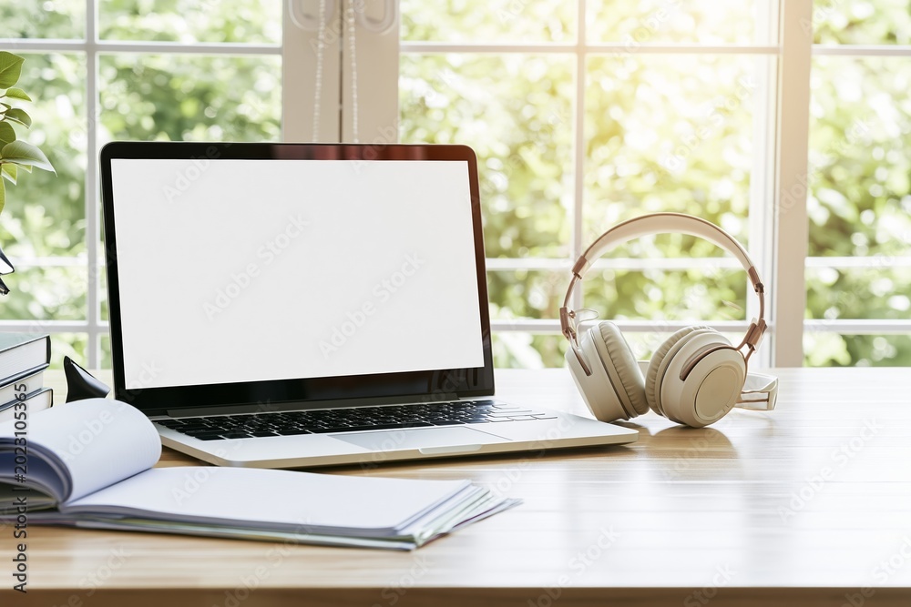 Fototapeta premium Remote work setup with laptop books and wireless headphones