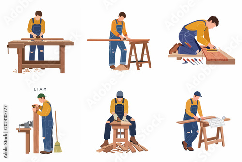 Foto Set of illustrations showing a professional carpenter working with wood using various hand and power tools in his workshop