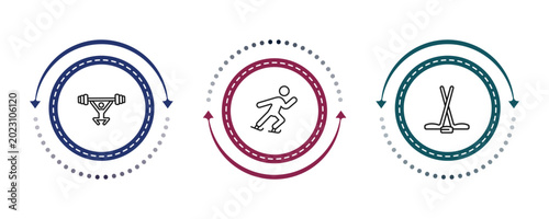 Photography outline sport icons set - weight lifting, ice skating man, ice hockey